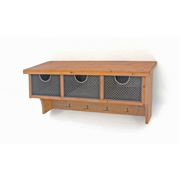Homeroots Rustic Wooden Wall Shelf with 3 Drawers & Hooks, Brown 274502 - main